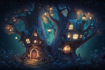 The Enchanted Forest: Houses and Lamp Light at Night - Generative AI