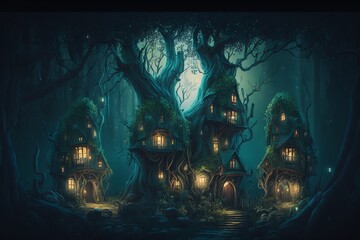 Twilight in the Forest: Houses and Lamp Light - Generative AI