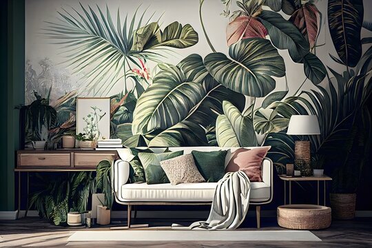 Tropical leaves wallpaper for Hotel living room, Classic tropical plant wallpaper, modern living room, white tropical Interior, generative ai, illustration jungle background, floral vintage design