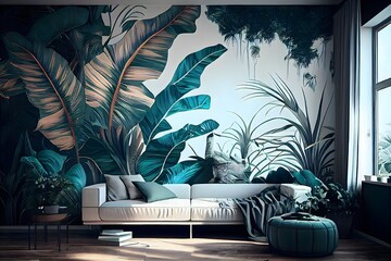 Tropical leaves wallpaper for Hotel living room, Classic tropical plant wallpaper, modern living room, white tropical Interior, generative ai, illustration jungle background, floral vintage design