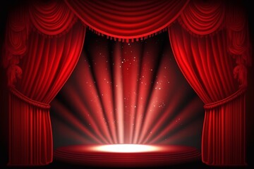 The stage is set: Magic theater with stunning red curtains and captivating lighting - Generative AI