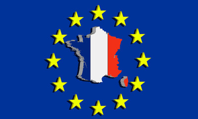 france, the silhouette of france and the tricolor flag with stars european union, logo and symbol of france in 3d graphics.