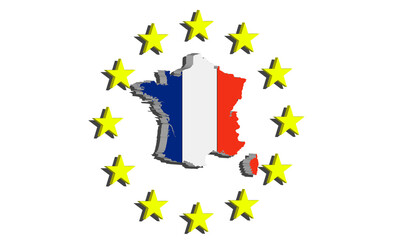 france, the silhouette of france and the tricolor flag with stars european union, logo and symbol of france in 3d graphics.
