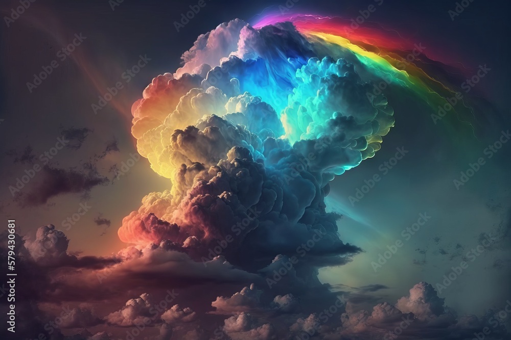 Poster neon rainbow in the clouds: an otherworldly and spectacular display - generative ai