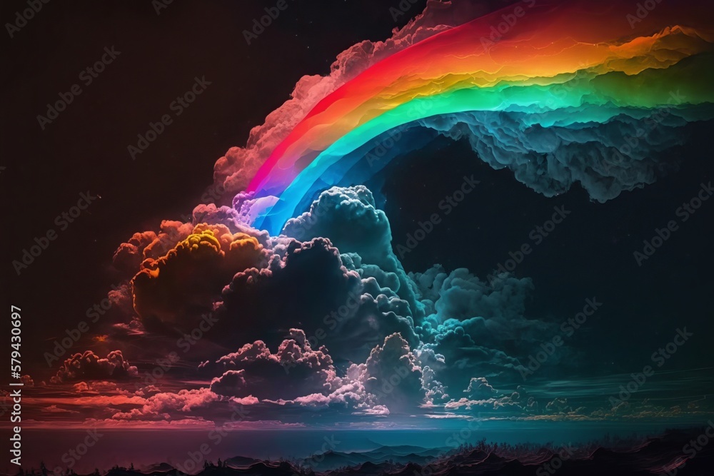 Poster a colorful and unique sight: neon rainbow in the clouds - generative ai