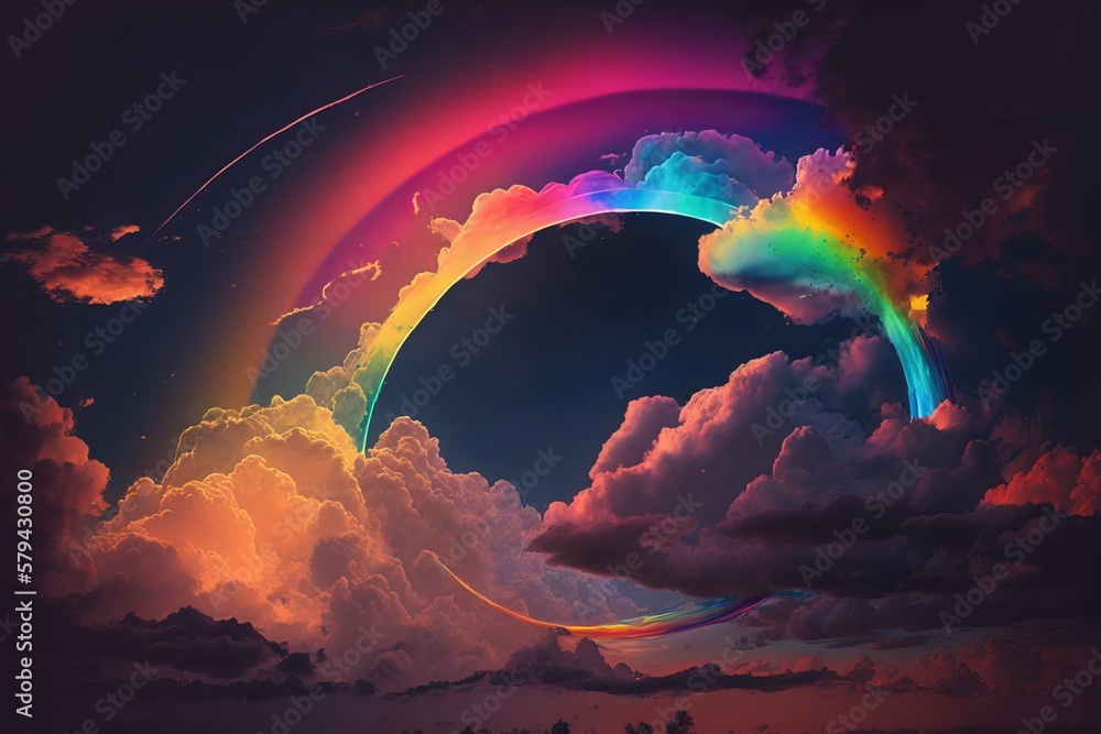 Poster awe-inspiring neon rainbow display in the clouds - generative ai