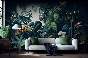 modern living room, tropical leaves wallpaper for Hotel living room, Classic tropical plant wallpaper, white tropical Interior, generative ai, Color of The Year for living and interior