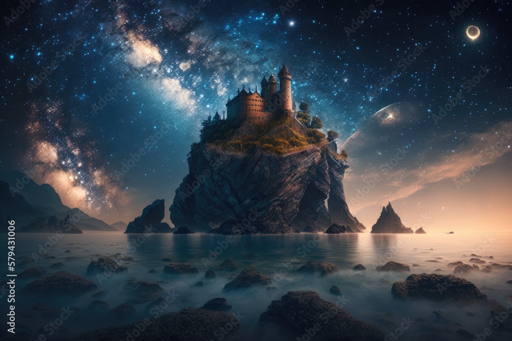 Canvas Prints gorgeous castle in the middle of the ocean and the milky way. generative ai