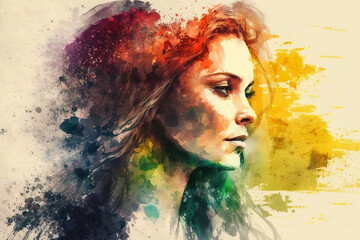 Artistic Woman portrait with Aquarella Artistic Painting Style and warm colors. Girl portrait with watercollor painting style, Ai generated