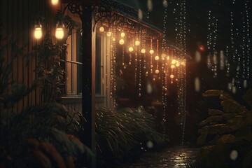 Gorgeous rain at night with decorative string lights - Generative AI