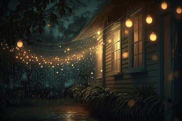 Ambient night rain with whimsical string lights - Generative AI