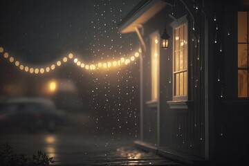 Naklejka premium Cozy night rain with festive string lights - Generative AI