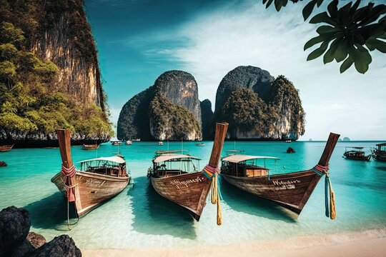 Thai tropical island and traditional longtail boats. Generative AI