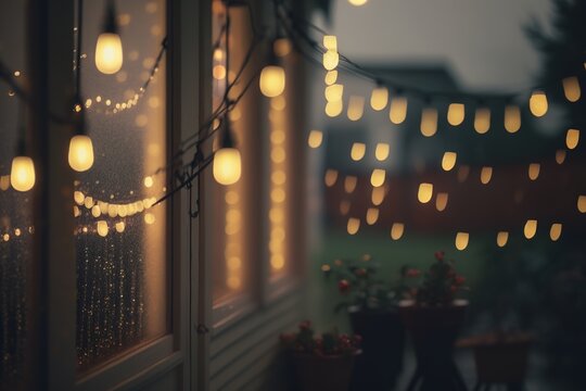 Dreamy night rain with sparkling string lights - Generative AI