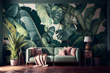 living room interior with sofa, Red and green leaves, Classic tropical plant wallpaper, generative ai, high quality