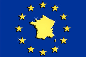 france, the silhouette of france in gold with light reflections, logo and symbol of france. The nation at the heart of the European community.