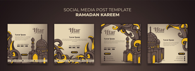 Fototapeta premium Set of social media post template with mosque and ornamental background in cartoon hand drawn design