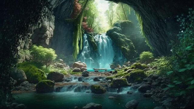 A fairy forest in nature with waterfall and green grass
