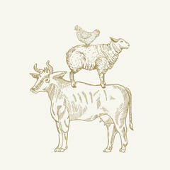 Hand Drawn Engraving Style Cow, Sheep and Chicken Sillhouettes standing on each other like pyramid. Retro drawing vector illustration. Isolated