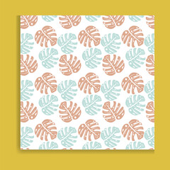 Seamless pattern with green leaves, and tropical leaves on a white background. Vector illustration.