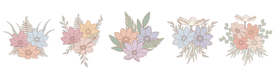 Colorful, pastel spring flower bouquet, vector art