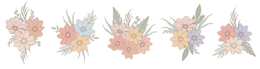 Colorful, pastel spring flower bouquet, vector art