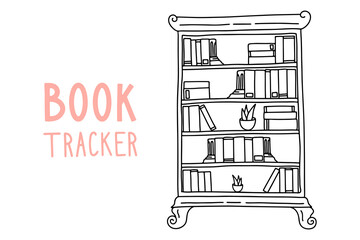 Obraz premium Book tracker for your Journal, Planner. Vector vintage bookshelf in doodle style.
