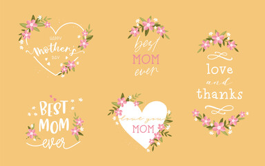 Fototapeta na wymiar Happy mothers day, hand written set of badges, logo, labels, signs and symbols - great for cards, prints, banners