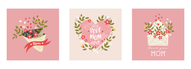 Happy mothers day, hand written set of badges, logo, labels, signs and symbols - great for cards, prints, banners
