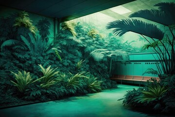 Backdrop of an airport's baggage claim area with tropical vegetation in green hues. Generative AI