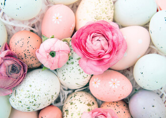 Obraz na płótnie Canvas Pastel color Easter eggs and pink buttercups flower background.