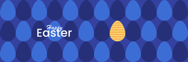 Happy Easter banner. Modern minimal style. Flat vector illustration. Trendy Easter design with typography and blue eggs. Funny horizontal template. Isolated elements. Cute header for website.