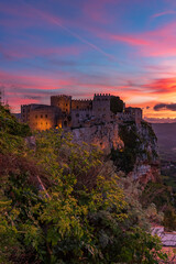 Fototapeta premium Panoramic view of Caccamo castle at dusk, province of Palermo IT