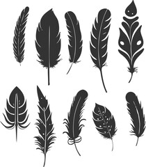 A set of black and white hand-drawn feather illustrations designed on a white background.