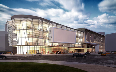 Shopping Mall Building Exterior at night, 3d render.