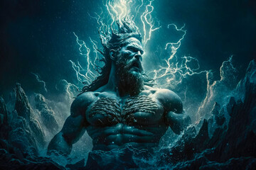Poseidon, Greek god of the seas. Myths of ancient Greece. Created with Generative AI technology.