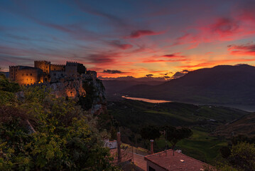 Fototapeta na wymiar Panoramic view of Caccamo castle at dusk, province of Palermo IT