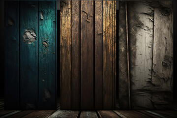 Grunge wood panels vintage texture with different colors. Wooden texture. 3D realistic illustration. Based on Generative AI