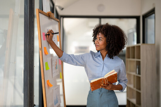 woman working while writting brainstorming on white board, Making plans on board, business woman planning strategy analysis putting post it stickers note