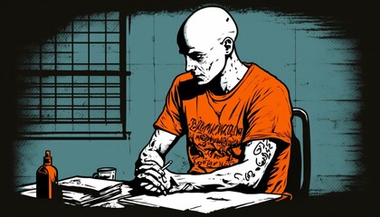 Bald Man In Prison: Guy In Jail In Orange T-shirt Locked Behind The Bars