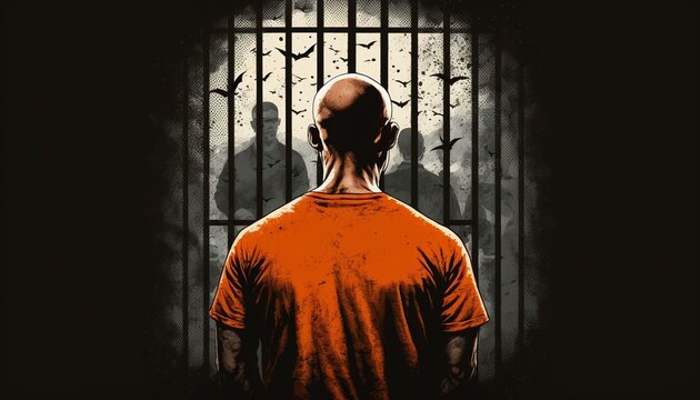 Bald Man In Prison: Guy In Jail In Orange T-shirt Locked Behind The Bars