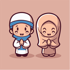 Vector cute boy and girl moslem icon illustration