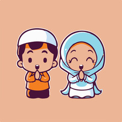 Vector cute boy and girl moslem icon illustration