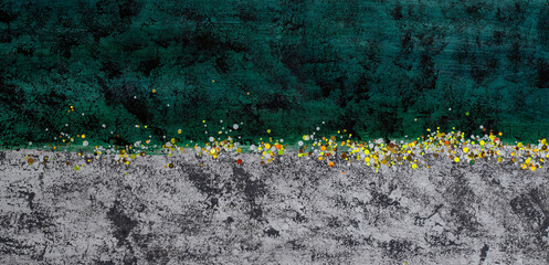 Grunge background with green and gray half with black texture with gold confetti.