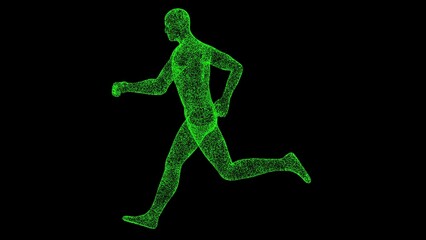 3D running man on black bg. Object dissolved green flickering particles. Business advertising backdrop. Science concept. For title, text, presentation. 3D animation