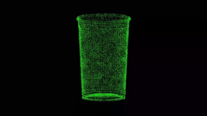 3D paper cup on black bg. Object dissolved green flickering particles. Business advertising backdrop. Science concept. For title, text, presentation. 3D animation