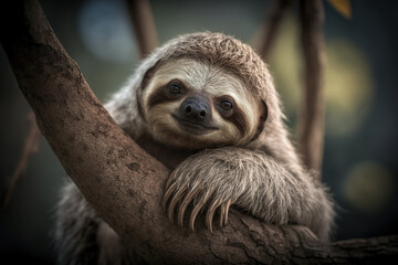 Naklejka premium Portrait of a cute sloth hanging on a tree. Generative ai