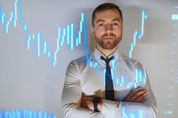 Stock Market Trader Working Investment Charts, Graphs, Ticker, Diagrams Projected on His Face. Financial Analyst and Digital Businessman Selling Shorts and Buying Longs