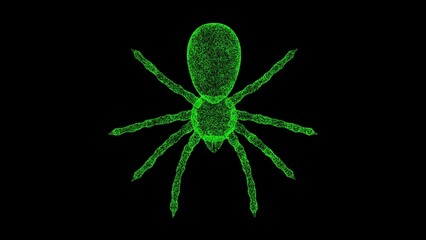 3D spider on black bg. Object dissolved green flickering particles. Business advertising backdrop. Science concept. For title, text, presentation. 3D animation