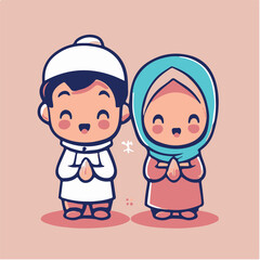 Vector cute boy and girl moslem icon illustration